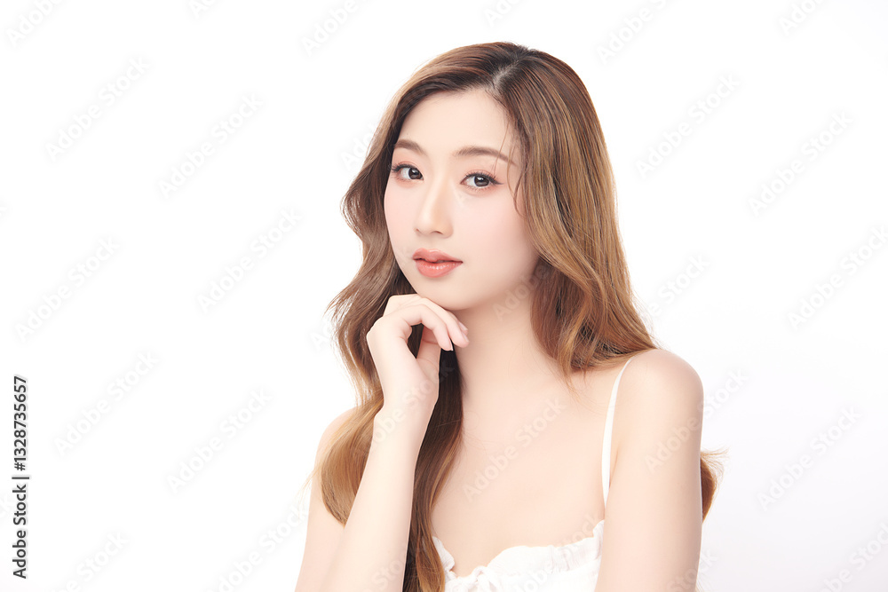 A beautiful young Asian woman with clean, fresh skin against a white background. She represents beauty, skincare, and spa treatments. A beautiful young Asian woman with clean, fresh skin against a white background. She represents beauty, skincare, and spa treatments.