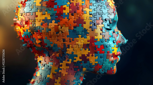 Human Head Composed of Colorful Puzzle Pieces Representing Thought and Mind. A conceptual digital artwork of a human head constructed from interlocking colorful puzzle pieces