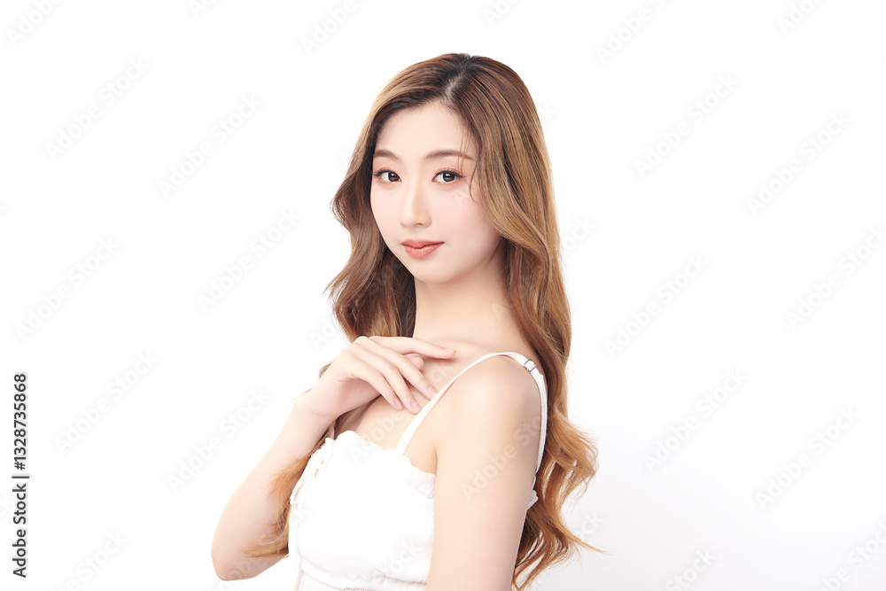 A beautiful young Asian woman with clean, fresh skin against a white background. She represents beauty, skincare, and spa treatments. A beautiful young Asian woman with clean, fresh skin against a white background. She represents beauty, skincare, and spa treatments.