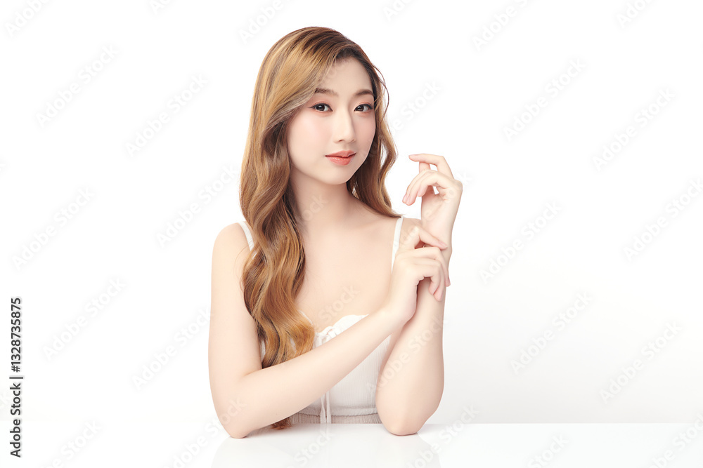 A beautiful young Asian woman with clean, fresh skin against a white background. She represents beauty, skincare, and spa treatments. A beautiful young Asian woman with clean, fresh skin against a white background. She represents beauty, skincare, and spa treatments.
