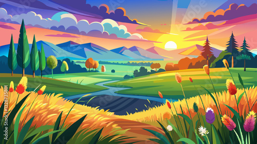 Beautiful summer colorful rustic pastoral landscape panorama. Tall flowering grass on green meadow at sunrise or sunset with beautiful announcement against blue sky