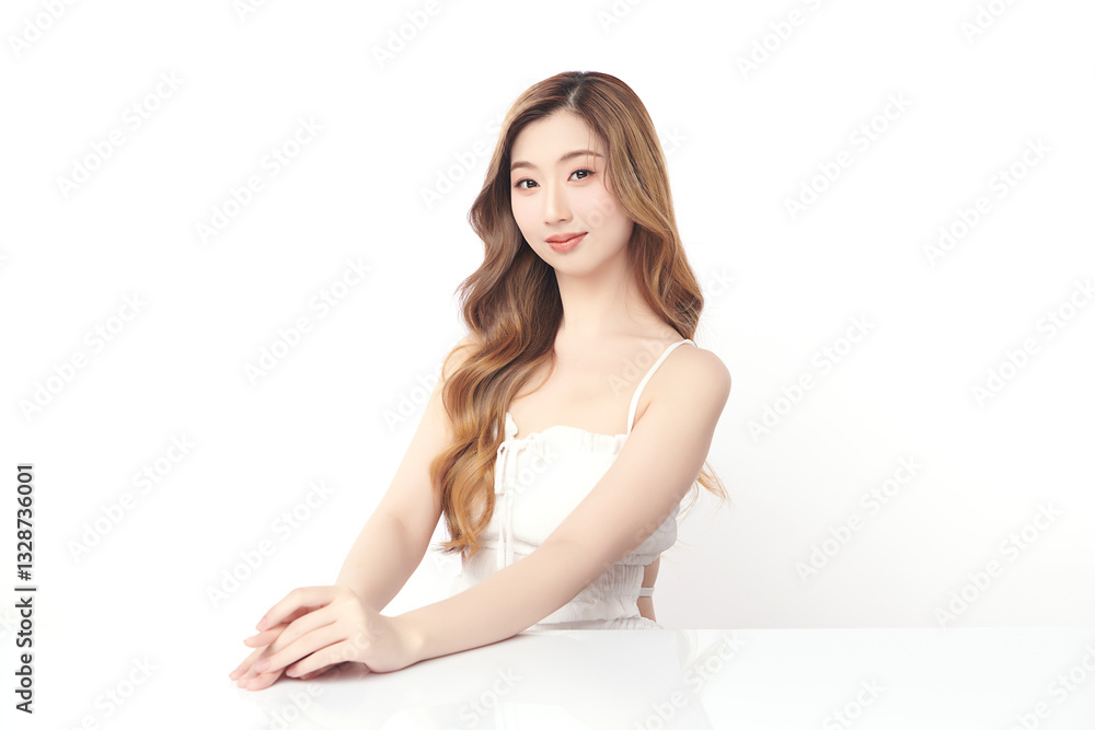 A beautiful young Asian woman with clean, fresh skin against a white background. She represents beauty, skincare, and spa treatments. A beautiful young Asian woman with clean, fresh skin against a white background. She represents beauty, skincare, and spa treatments.