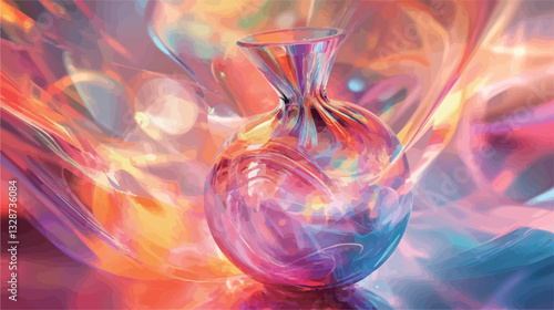 The image depicts a digitally rendered, abstract glass vessel. The vessel is shaped like a rounded bottle with a slightly pinched neck.  Its surface exhibits an iridescent quality with shifting