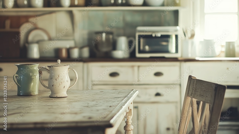 A rustic kitchen interior shows a table and various kitchenware items A rustic kitchen interior shows a table and various kitchenware items