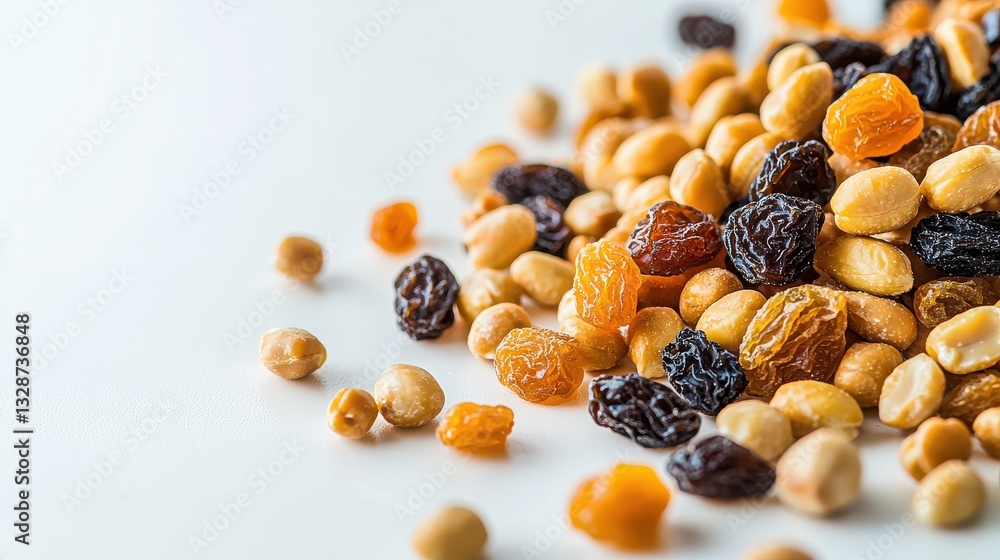 Assorted Mixed Nuts and Dried Fruits on a Light Background Assorted Mixed Nuts and Dried Fruits on a Light Background
