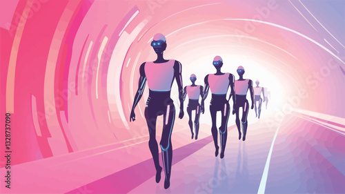 Digital illustration depicting a series of stylized humanoid figures walking in perspective down a glowing tunnel. The tunnel is rendered in shades of pink and purple with abstract, swirling neon