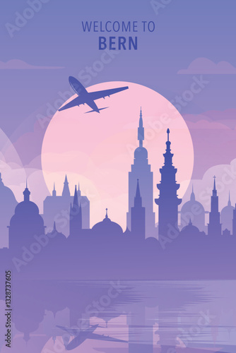 Welcome to Bern, Switzerland. Gradient city poster, card with shapes of skyline, waterfront and airplane. Europe townscape travel vector illustration, print, graphic
