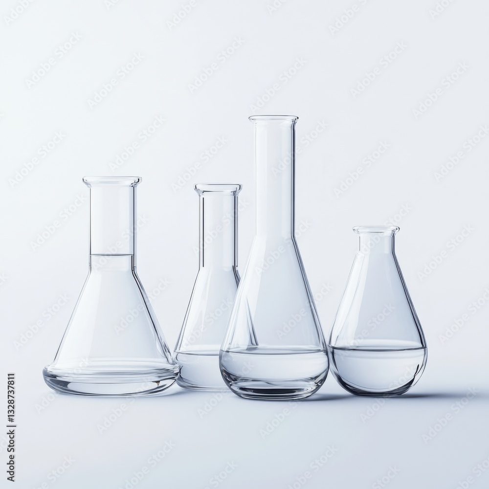 A set of four clear laboratory glassware pieces arranged on a light background, showcasing different shapes and sizes. A set of four clear laboratory glassware pieces arranged on a light background, showcasing different shapes and sizes.