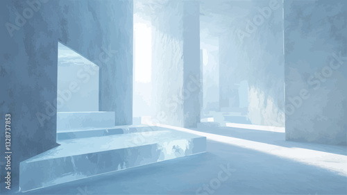 The image depicts a minimalist interior space seemingly constructed from ice or a material with similar texture and appearance.  The color palette is predominantly cool tones of blue, white, and