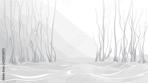 The image is a monochrome rendering of a winter landscape.  The color palette is limited to shades of white and grey.  The scene depicts a flat expanse suggestive of snow, with slender, bare tree