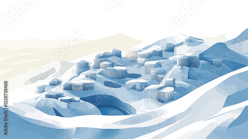 The image presents a stylized, abstract depiction of a village nestled on a snowy mountainside.  The style is minimalist and low-poly, with simplified geometric shapes representing buildings and