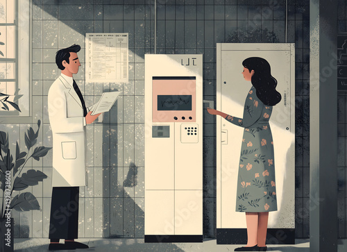 Illustration of a doctor and patient using advanced medical equipment in a hospital environment