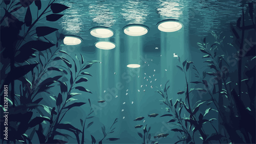 The image is a digital illustration depicting an underwater scene.  The dominant colors are teal and dark blue. The scene features a kelp forest with dark, stylized kelp plants on either side of