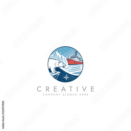 Polar bear with icebreaker logo , A polar bear, with a large icebreaker ship in the background vector design 