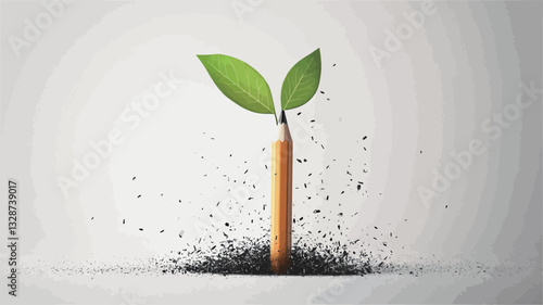 Close-up image of a yellow pencil planted in the ground with two green leaves sprouting from the top.  The pencil is surrounded by a small explosion of dark particles, suggesting soil or graphite.