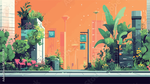 A digital illustration depicting a futuristic cityscape overtaken by lush tropical and other vegetation. The style is stylized and vibrant, with a dominant warm orange sunset in the background.