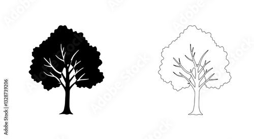 Tree silhouette outline : A contrasting depiction of nature's resilience, featuring a tree presented in both bold silhouette and delicate outline, symbolizing the duality of strength and fragility.