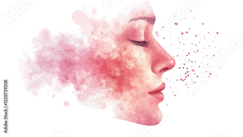Close-up profile view of a woman's face rendered in a watercolor style. The image features soft, pastel shades of pink and red.  A portion of the face is rendered in a more defined manner while the