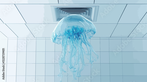 Close-up view of a translucent, light blue jellyfish seemingly suspended from a ceiling ventilation grid in a room with white square tiles. The jellyfish is the central focus, its form clearly