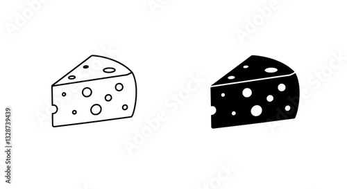 Cheese Icons: Minimalist vector illustrations present two cheese wedges in contrasting styles – one outlined, the other solid. Perfect for culinary projects or graphic design.