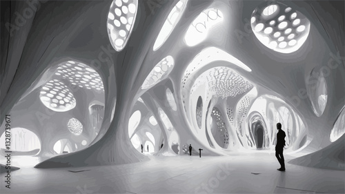 The image is a monochrome photograph of a large, abstract interior space. The architecture is characterized by flowing, organic forms and curves, with numerous openings and recesses creating a