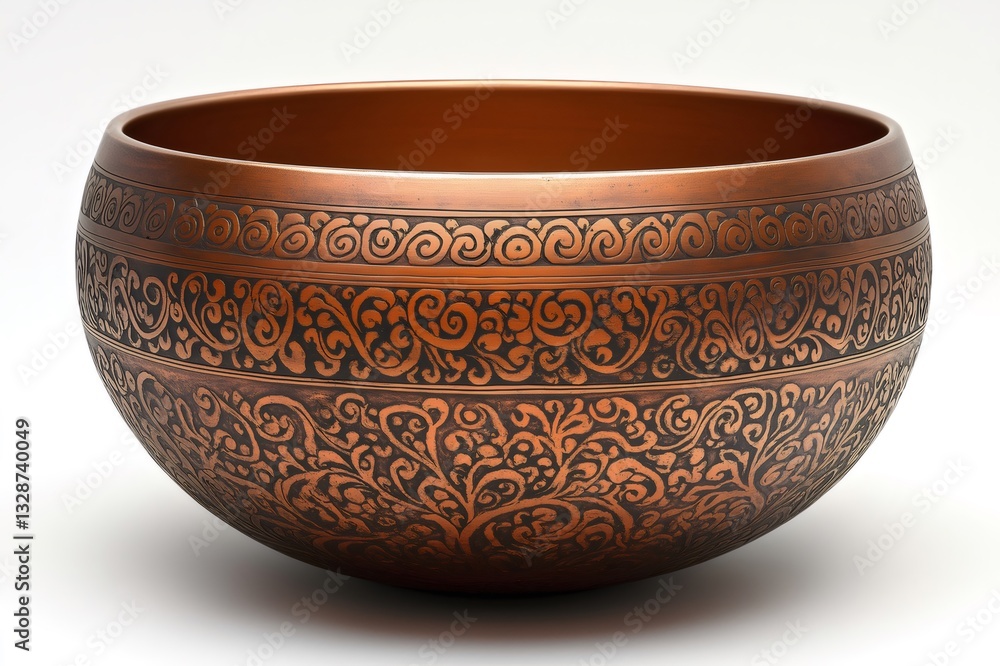 Copper Tibetan singing bowl adorned with detailed, swirling patterns. Perfect for meditation, sound therapy, and spiritual practices Copper Tibetan singing bowl adorned with detailed, swirling patterns. Perfect for meditation, sound therapy, and spiritual practices