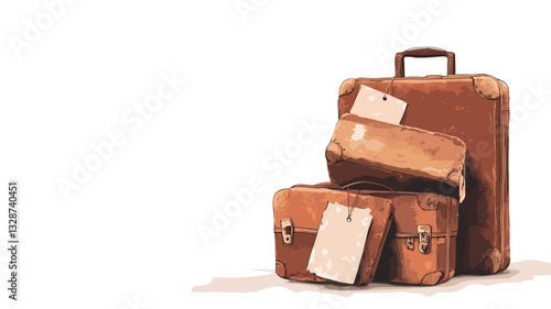 A digital image depicts three vintage suitcases stacked on a white background. The suitcases are brown leather or leather-like material, showing signs of wear and age.  They are rectangular in