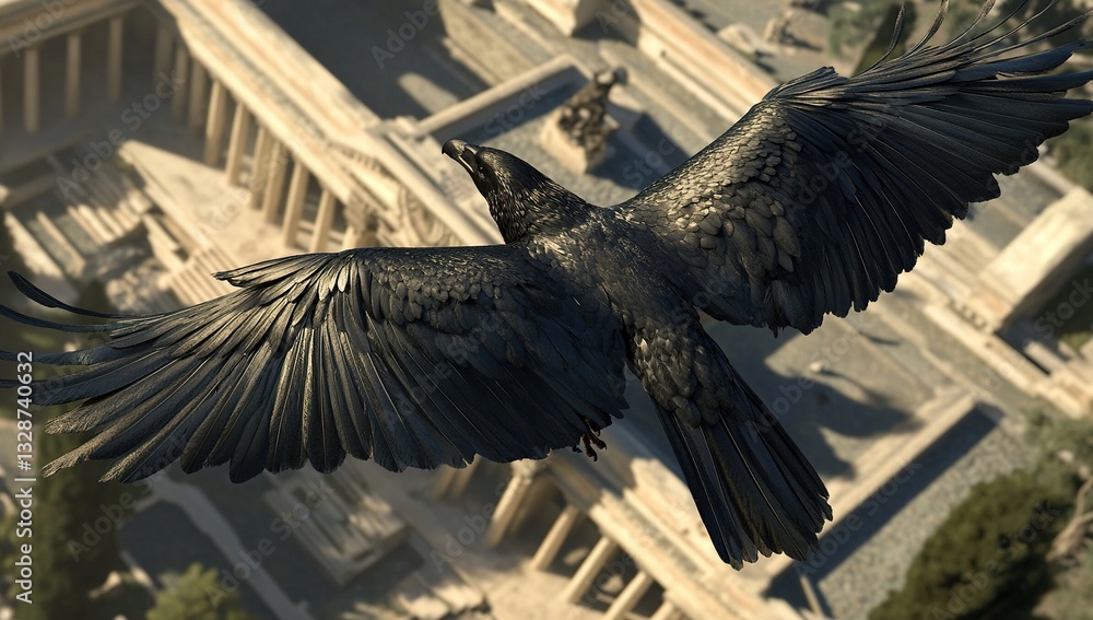 Obraz premium Eagle soaring over ancient Greek-style hotel with spread wings and legs, cinematic dark tones, hyper-realistic details, black raven flying in from above, high-angle perspective, 