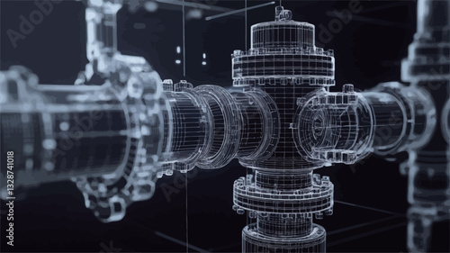 The image depicts a 3D wireframe rendering of complex industrial machinery. The model is presented in a dark background with a translucent, light-blue wireframe structure, highlighting the