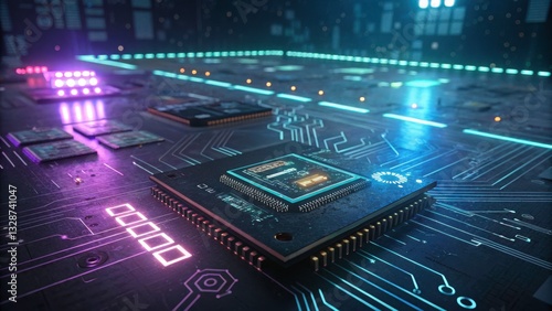 High-Tech Circuit Board with Processors and Neon Lighting