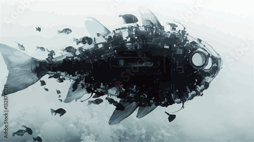 The image presents a stylized monochrome representation of a fish.  The fish appears to be disintegrating or decomposing, with its body composed of numerous small, dark, fragmented shapes. The