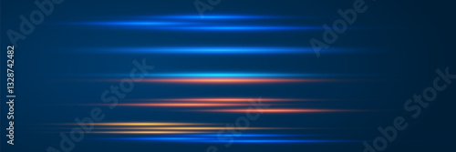 Pack of horizontal highlights. Laser neon rays of light. EPS 10 vector. On a dark background.