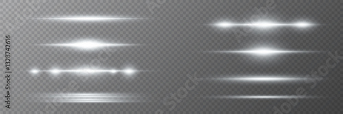 Collection of horizontal highlights.White rays of light.Neon stripes.Vector illustration.EPS 10.