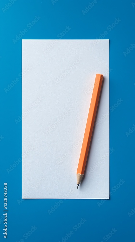 A blank sheet of paper lies on a blue background, accompanied by a vibrant orange pencil, suggesting creativity and potential for ideas. A blank sheet of paper lies on a blue background, accompanied by a vibrant orange pencil, suggesting creativity and potential for ideas.