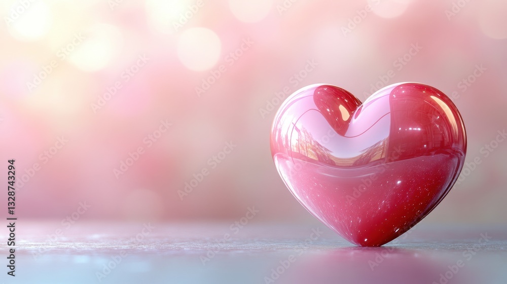 Obraz premium A Beautifully Crafted Glass Heart on a Glimmering Surface Against a Soft Pink Background