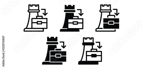 Business Strategy with Chess Rook and Briefcase Illustrations Icons Black and White Color Vector Design