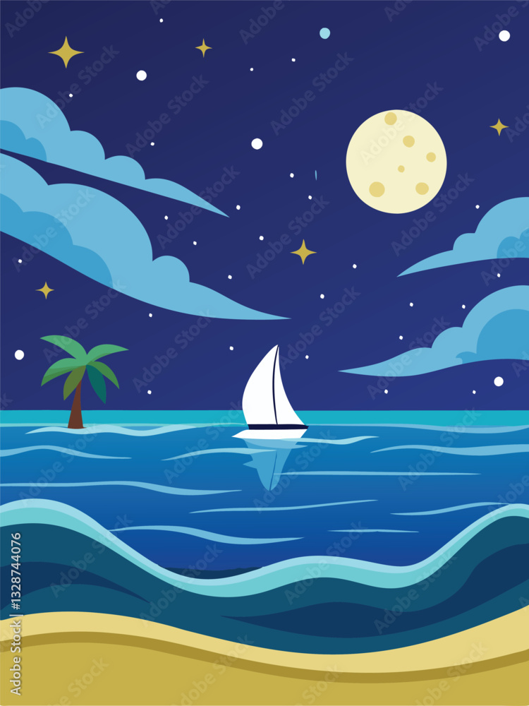 Naklejka premium Nighttime Sailboat Scene with a Palm Tree and Moon vector design