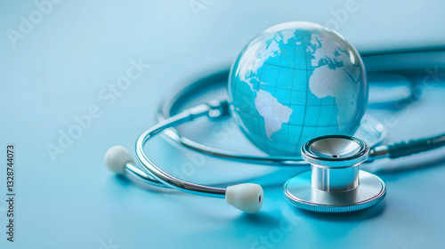 Global Healthcare Concept with Stethoscope and World Globe on Blue Background. A close-up of a stethoscope connected to a globe, symbolizing global healthcare, medical services, and worldwide health