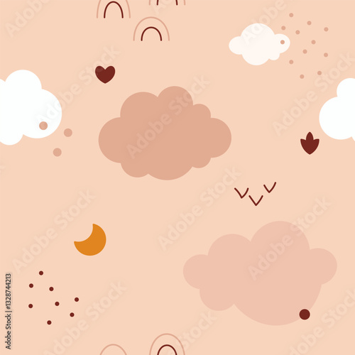 Boho baby seamless pattern with clouds moon heart star.