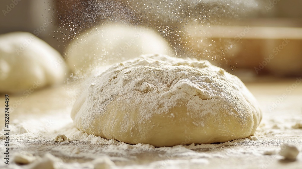 Ball of dough on a floured surface. the dough appears to be freshly baked and is covered in a light dusting of flour.