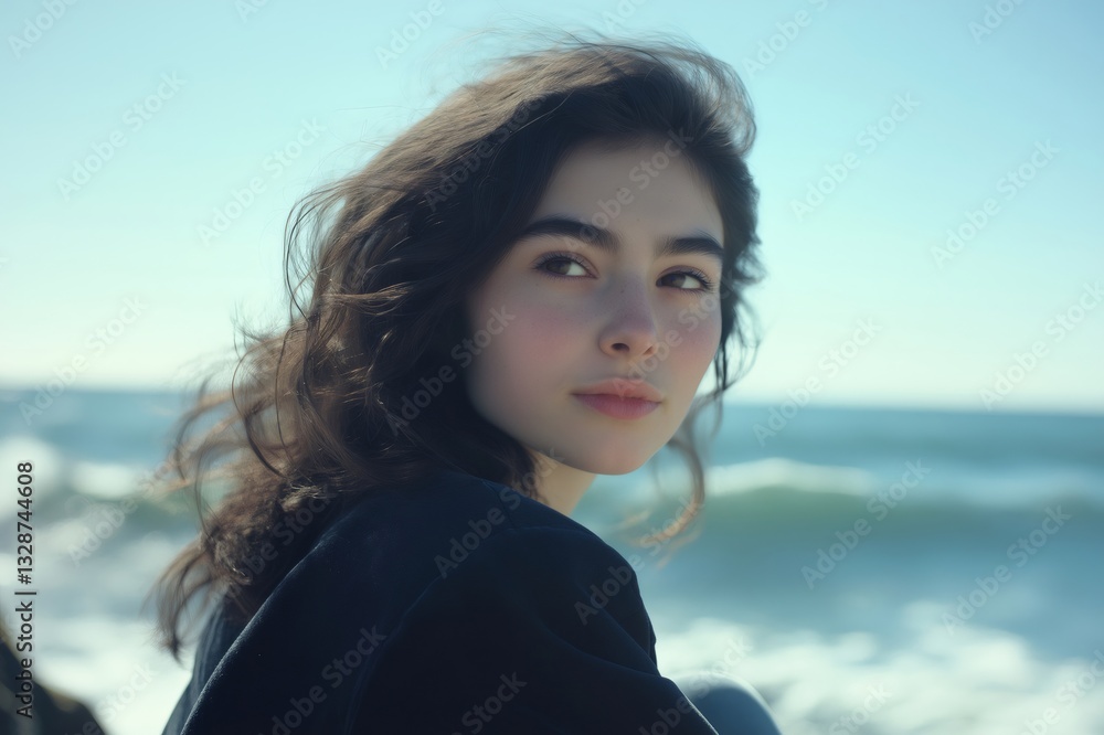 Portrait of a young woman with long brown hair sitting by the ocean, enjoying the seascape Portrait of a young woman with long brown hair sitting by the ocean, enjoying the seascape