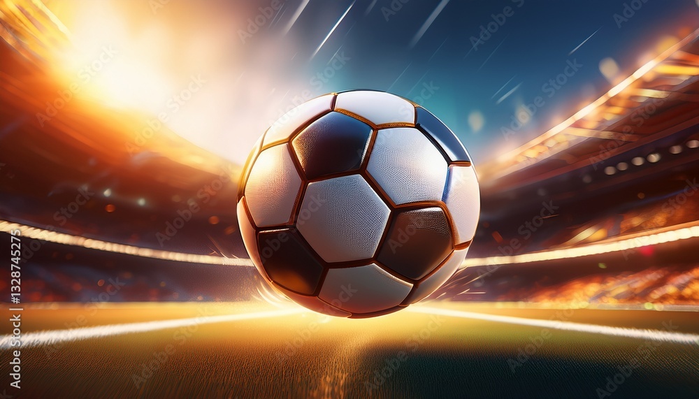 Fototapeta premium An ultra-realistic 3D render of a soccer ball spinning in the air, with motion blur and stadium lights illuminating the scene, capturing the dynamic energy of the game.
