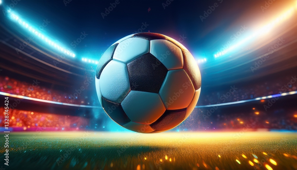 Naklejka premium An ultra-realistic 3D render of a soccer ball spinning in the air, with motion blur and stadium lights illuminating the scene, capturing the dynamic energy of the game.