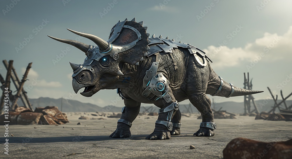 Fototapeta premium A hybrid 3D dinosaur with bio-mechanical features in a post-apocalyptic wasteland