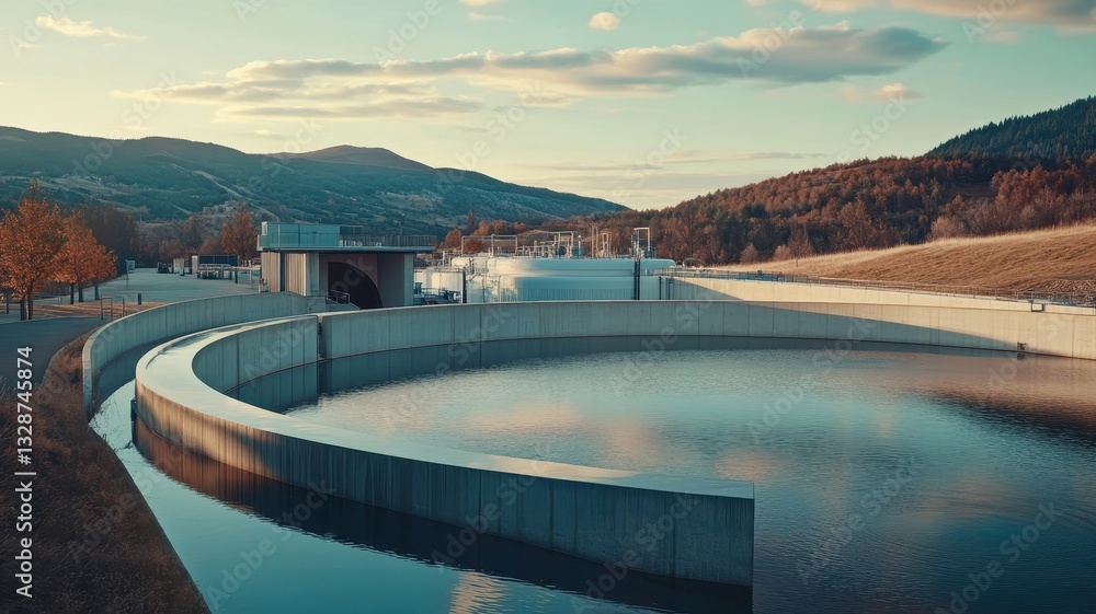 Fototapeta premium Pristine and contemporary water reservoir reflecting sustainable design and environmental harmony.