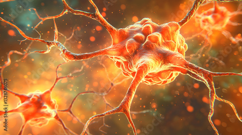 Glowing Neural Network with Sci-Fi Organic Brain-Like Connections. A surreal neuron-like structure with glowing tendrils in a microscopic environment.