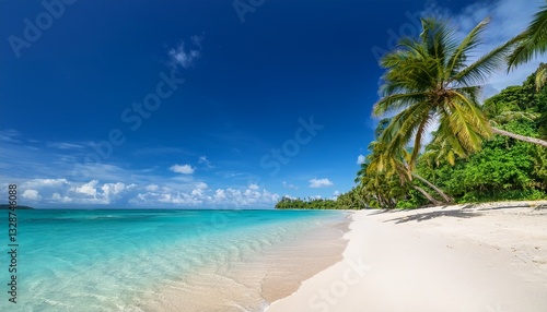 Wallpaper Mural A tropical beach with crystal-clear turquoise water, soft white sand, swaying palm trees, and a bright blue sky, creating a perfect paradise getaway. Torontodigital.ca