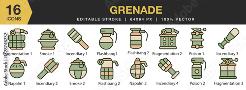 Grenade flat color icon set. Includes flashbang, incendiary, napalm, poison, smoke, and More. Flat color icons vector collection.