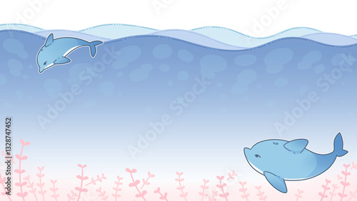 Cute illustration of sea floor decorated with plants and dolphins for notepad template.