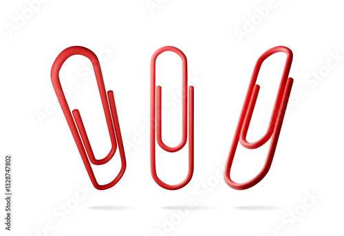 3D set of red paper clips isolated on white. Render collection of paperclip icons. Tools for education and work. Stationery and office supply. Vector illustration